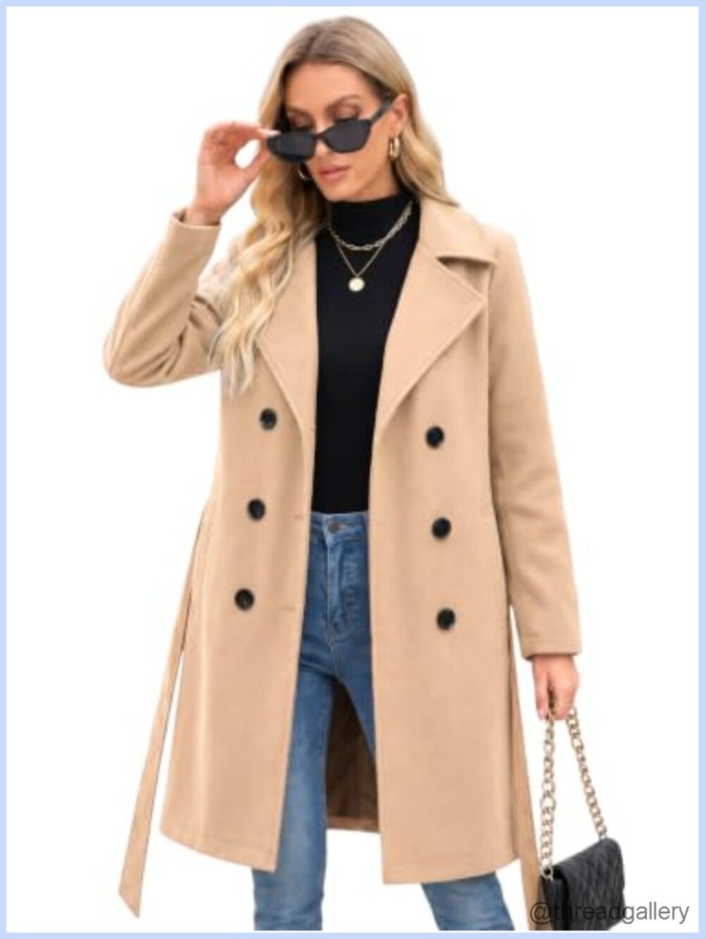 Faux Wool Trench Coat Double-Breasted Belted Winter Outerwear